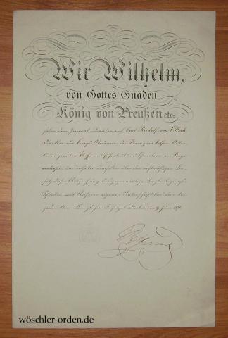 Preußen, Roter-Adler-Orden, Bruststern zur II. Klasse mit Eichenlaub und Schwertern am Ring, Verleihungsurkunde (1871)