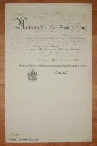 Preußen, Roter-Adler-Orden, IV. Klasse mit Schwertern, Verleihungsurkunde (1848)