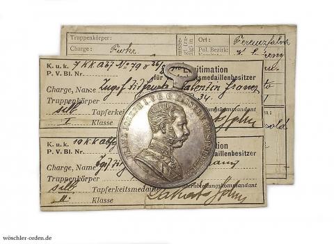 Österreich, Tapferkeitsmedaille (7. Modell), Silberne Tapferkeitsmedaille I. Klasse, dazu Legitimationen
