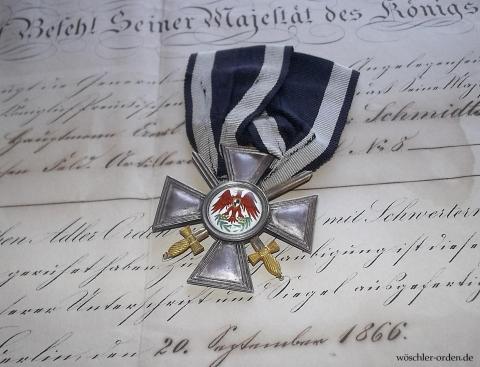 Preußen, Roter-Adler-Orden (5. Modell), IV. Klasse mit Schwertern (1. Ausgabe), mit Verleihungsurkunde (1866)