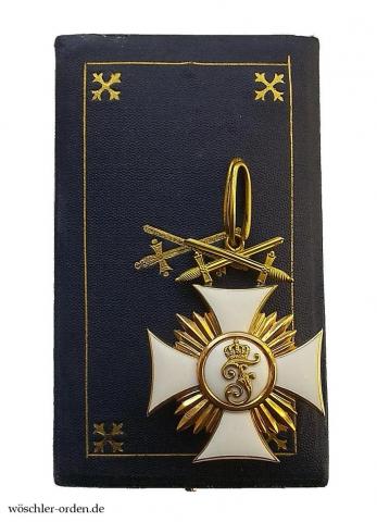 Württemberg, Friedrichsorden (2. Modell), Ritterkreuz I. Klasse mit Schwertern, von Carl Zinser, im Verleihungsetui